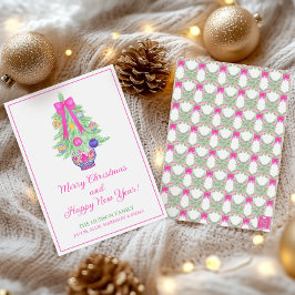 水彩ホットピンクの弓の生姜の壺のクリスマスツリー シーズンカード