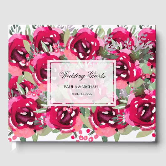 水彩ホットピンク結婚フローラ ゲストブック (正面)