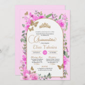 水彩ホットピンク金ゴールドバタフライキンセアニラ 招待状 (正面/裏面)