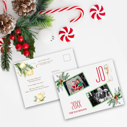 水彩ホリデーアレンジメント ジョイ ファミリーフォト シーズンポストカード