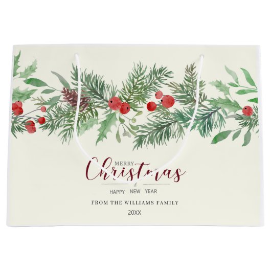 水彩ホリーとパインクリスマス抱き枕 ラージペーパーバッグ (正面)