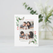 水彩ホリーと緑の2枚の写真コラージュ シーズンポストカード (スタンド正面)