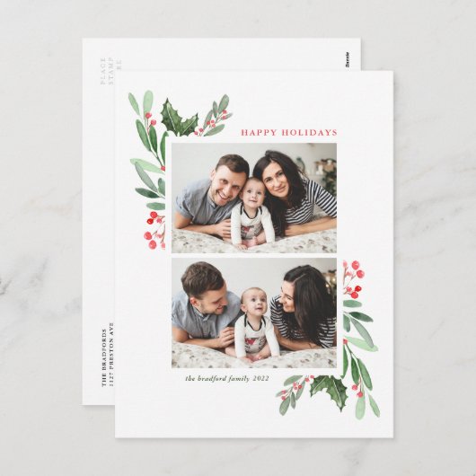 水彩ホリーと緑の2枚の写真コラージュ シーズンポストカード (正面/裏面)