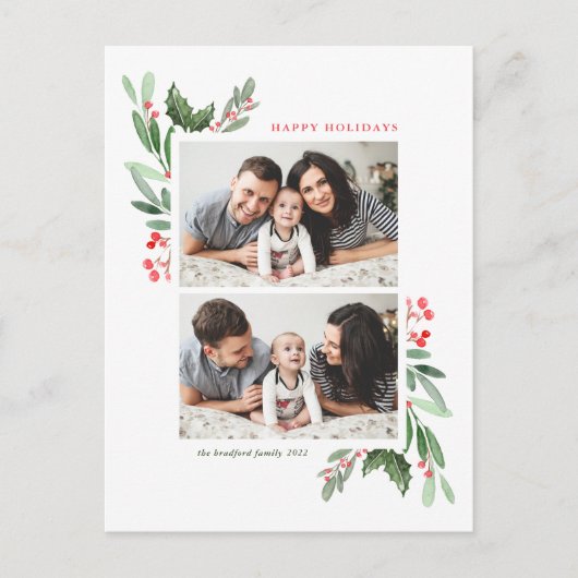 水彩ホリーと緑の2枚の写真コラージュ シーズンポストカード (正面)