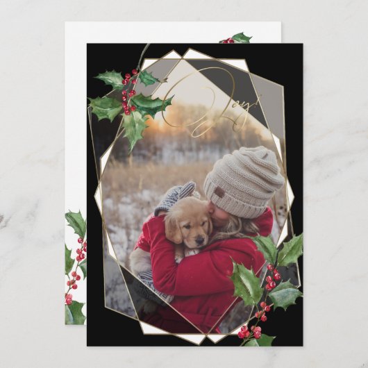 水彩ホリーと赤い果実ブラック 招待状 (正面/裏面)