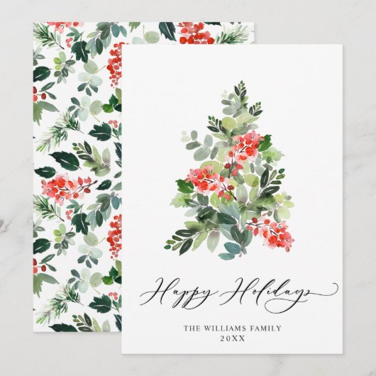 水彩ホリーデイ　ベリー　クリスマスツリー　グリーティング シーズンカード (正面/裏面)