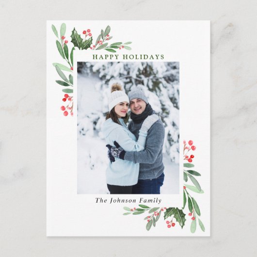 水彩ホリーベリークリスマス写真グリーティング ポストカード (正面)