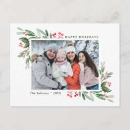 水彩ホリーベリークリスマス写真グリーティング ポストカード