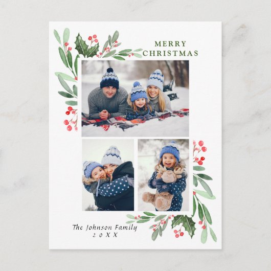 水彩ホリーベリークリスマス3 PHOTO Greeting ポストカード (正面)