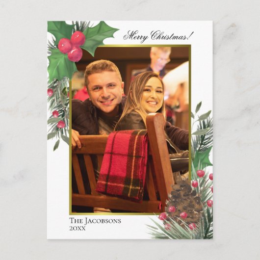 水彩ホリーベリーパインコーン&グリーン写真 シーズンポストカード (正面)