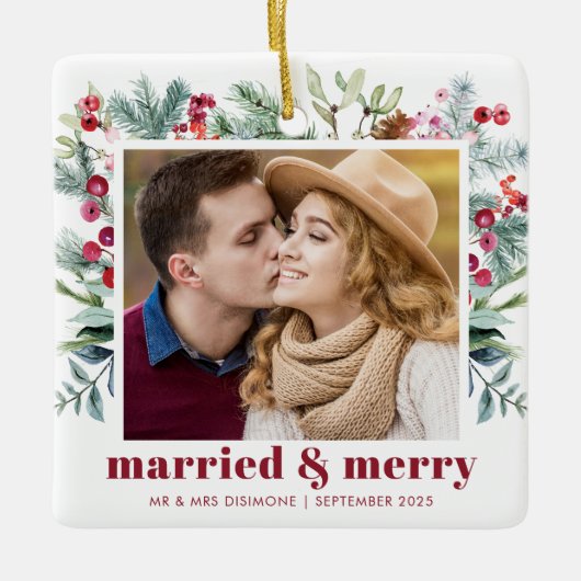 水彩ホリーベリ結婚したーと写メリー真 セラミックオーナメント (正面)