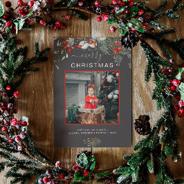 水彩ホリーメリークリスマスフォトダークグレー シーズンカード