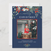 水彩ホリーメリークリスマスフォトネイビーブルー シーズンカード (正面)