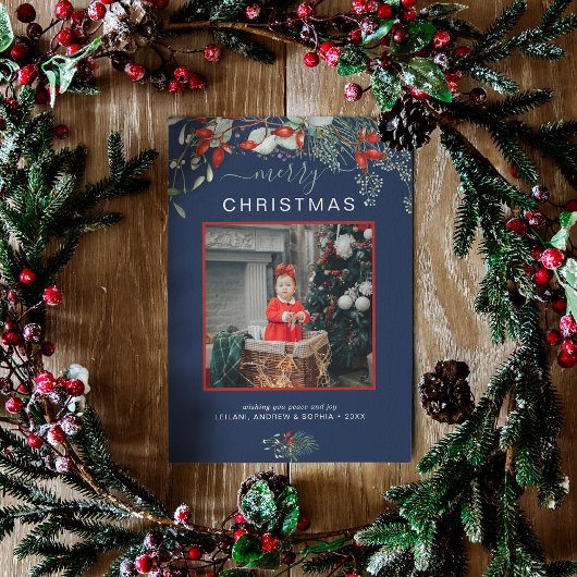 水彩ホリーメリークリスマスフォトネイビーブルー シーズンカード