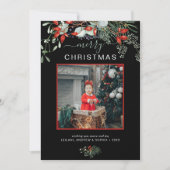 水彩ホリーメリークリスマスフォトブラック シーズンカード (正面)