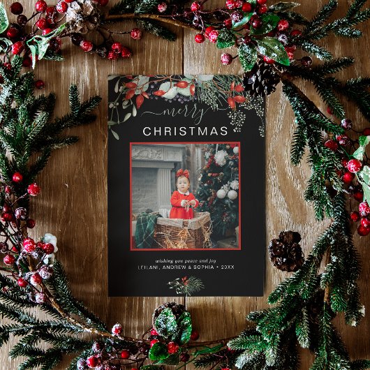 水彩ホリーメリークリスマスフォトブラック シーズンカード