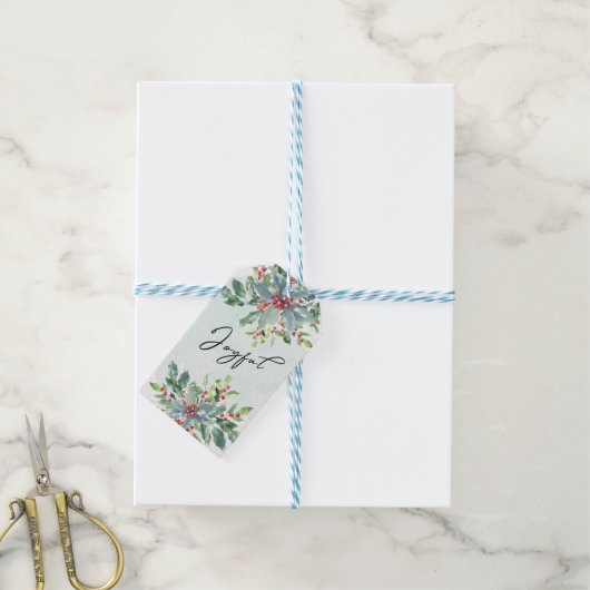 水彩ホリー緑の台本うれしそうな休日 ギフトタグ (より糸付き)