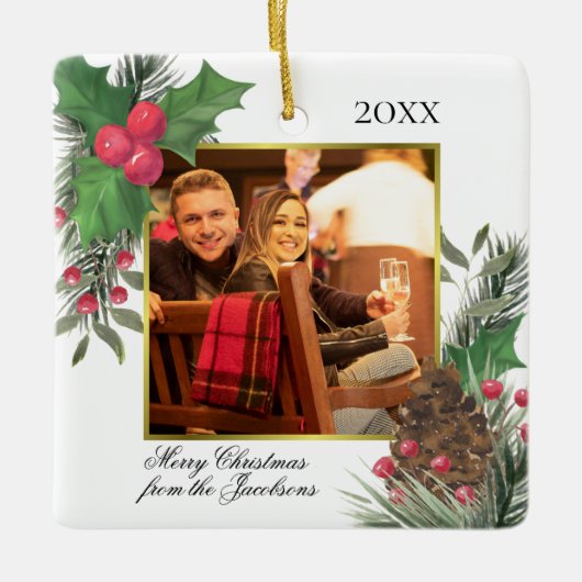 水彩ホリー&パイン金ゴールドフォトフレームフェスティバル セラミックオーナメント (正面)