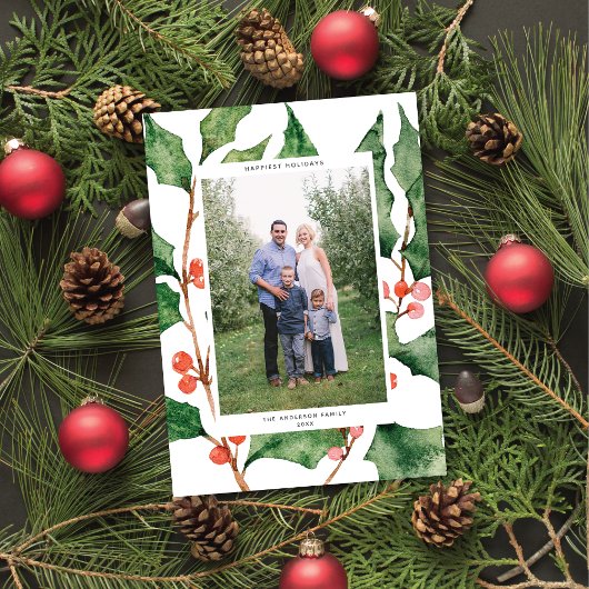 水彩ホリー+ベリーホリデーフォトカード シーズンカード