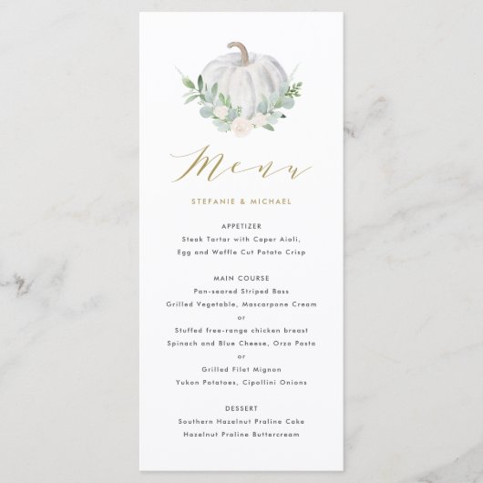 水彩ホワイトカボチャと緑の秋の結婚式 メニュー (正面)