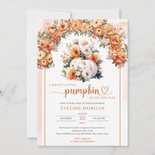 水彩ホワイトカボチャ秋フローラアーチ秋 招待状 (正面)