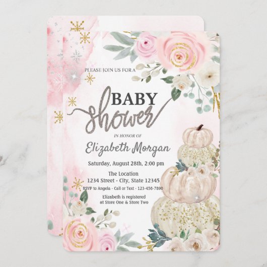 水彩ホワイトカボチャ花ベビーシャワー 招待状 (正面/裏面)