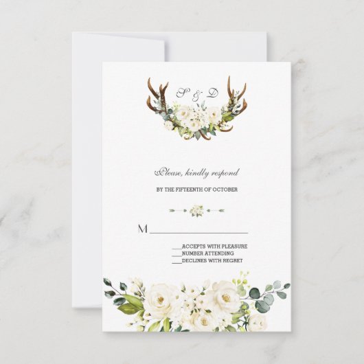 水彩ホワイトクリーム花〔雄ジカの〕枝角結婚ズ 出欠カード (正面)