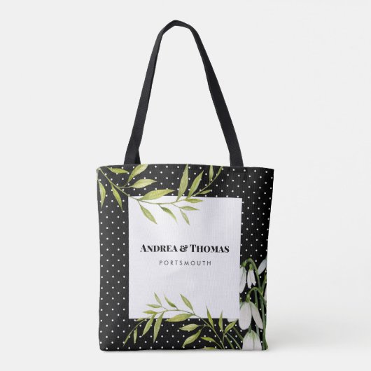 水彩ホワイトスノードロップとローレル水玉模様 トートバッグ (裏面)