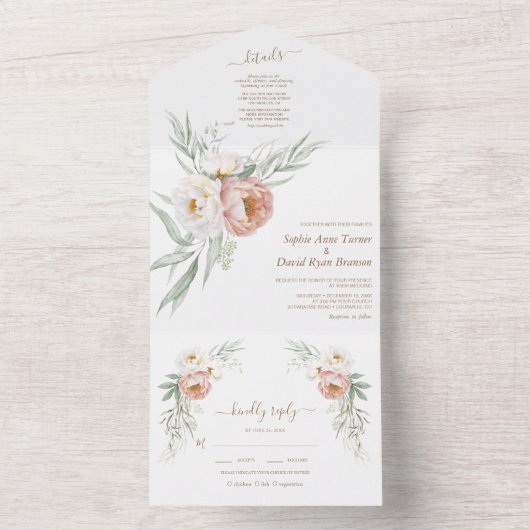 水彩ホワイトダスティーローズの花の結婚式 オールインワン招待状 (内側)