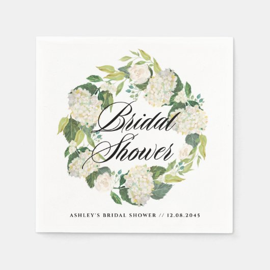 水彩ホワイトハイドランジアリース ブライダルシャワー スタンダードカクテルナプキン (正面)