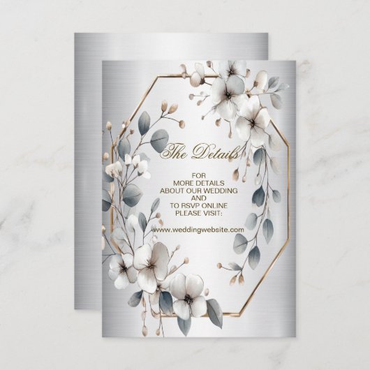 水彩ホワイトフラワーゴールデンフレームシルバーティール（緑がかった色） エンクロージャーカード (正面/裏面)