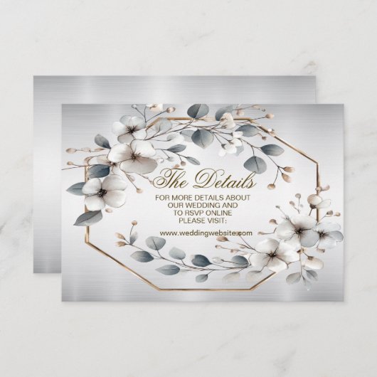 水彩ホワイトフラワーゴールデンフレームシルバーティール（緑がかった色） エンクロージャーカード (正面/裏面)