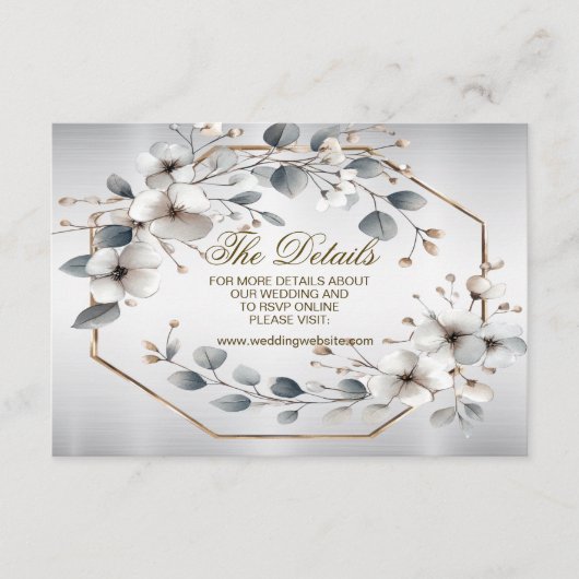 水彩ホワイトフラワーゴールデンフレームシルバーティール（緑がかった色） エンクロージャーカード (正面)