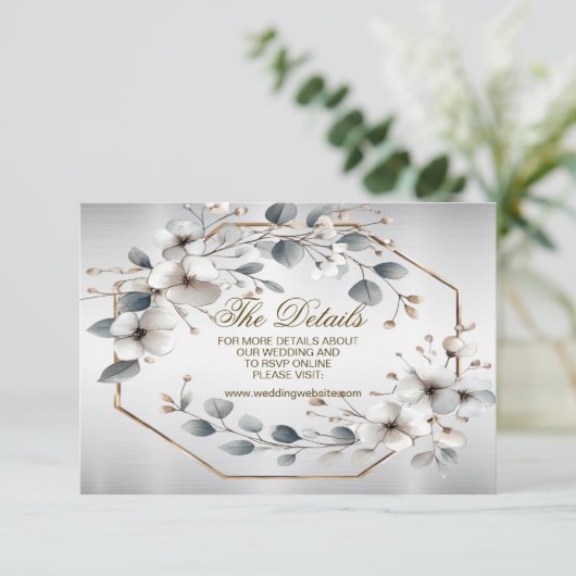 水彩ホワイトフラワーゴールデンフレームシルバーティール（緑がかった色） エンクロージャーカード (スタンド正面)