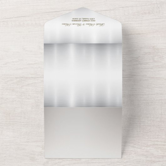 水彩ホワイトフラワーゴールデンフレームシルバーティール(緑がかった色) オールインワン招待状 (外側)