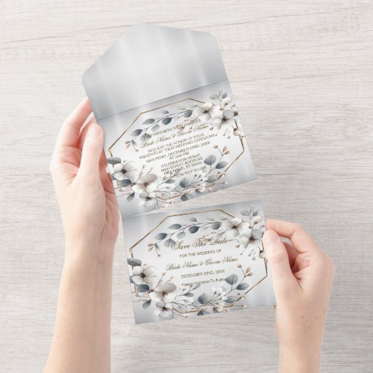 水彩ホワイトフラワーゴールデンフレームシルバーティール（緑がかった色） オールインワン招待状 (貼ってはがせる)