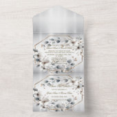 水彩ホワイトフラワーゴールデンフレームシルバーティール（緑がかった色） オールインワン招待状 (内側)