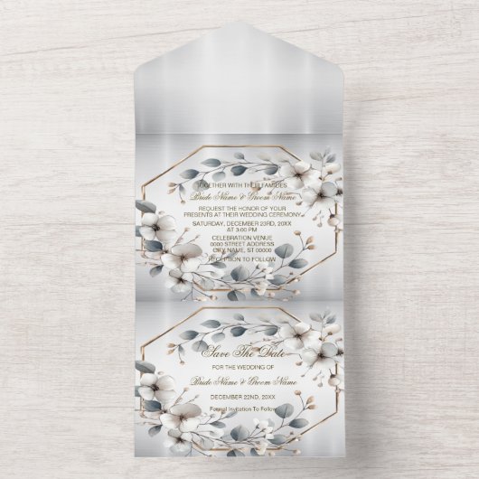 水彩ホワイトフラワーゴールデンフレームシルバーティール（緑がかった色） オールインワン招待状 (内側)