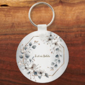 水彩ホワイトフラワーゴールデンフレームシルバーティール(緑がかった色) キーホルダー (正面)