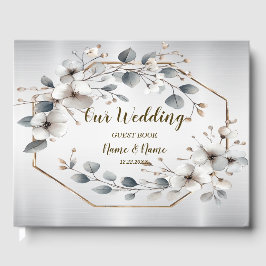 水彩ホワイトフラワーゴールデンフレームシルバーティール（緑がかった色） ゲストブック