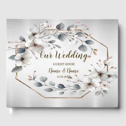 水彩ホワイトフラワーゴールデンフレームシルバーティール（緑がかった色） ゲストブック (正面)
