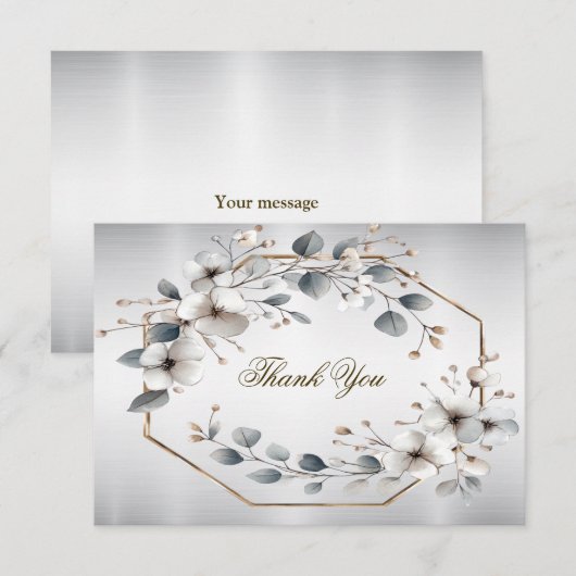 水彩ホワイトフラワーゴールデンフレームシルバーティール（緑がかった色） サンキューカード (正面/裏面)