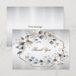 水彩ホワイトフラワーゴールデンフレームシルバーティール（緑がかった色） サンキューカード