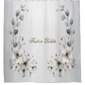 水彩ホワイトフラワーゴールデンフレームシルバーティール(緑がかった色) シャワーカーテン (正面)