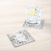 水彩ホワイトフラワーゴールデンフレームシルバーティール(緑がかった色) スクエアペーパーコースター (インサイチュ)