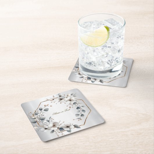 水彩ホワイトフラワーゴールデンフレームシルバーティール(緑がかった色) スクエアペーパーコースター (インサイチュ)