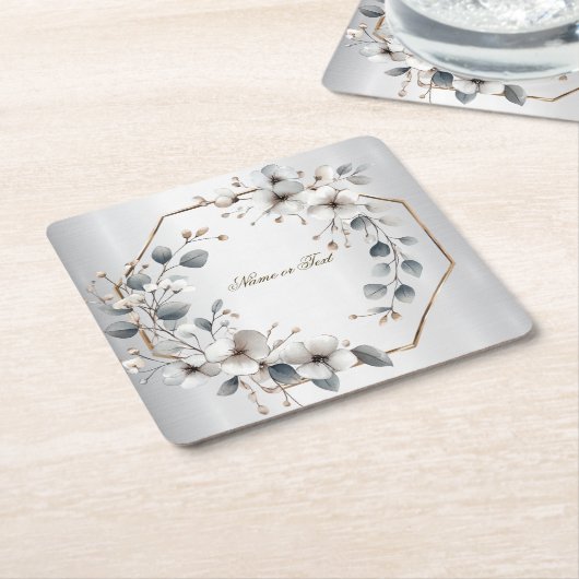 水彩ホワイトフラワーゴールデンフレームシルバーティール(緑がかった色) スクエアペーパーコースター (アングル)