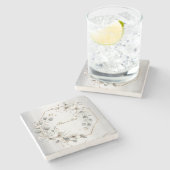 水彩ホワイトフラワーゴールデンフレームシルバーティール（緑がかった色） ストーンコースター (横)