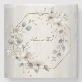 水彩ホワイトフラワーゴールデンフレームシルバーティール（緑がかった色） ストーンコースター