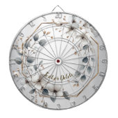 水彩ホワイトフラワーゴールデンフレームシルバーティール（緑がかった色） ダーツボード (正面)